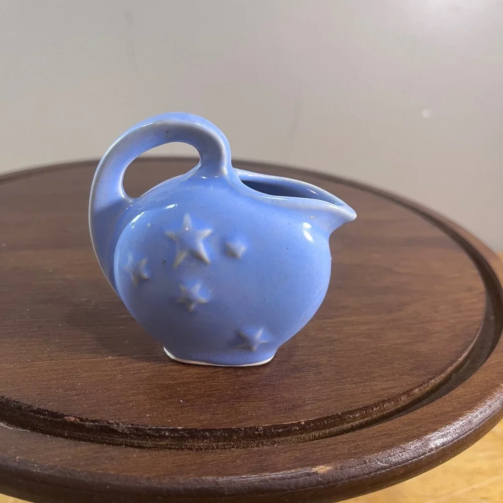 Vtg Shawnee Pottery Blue Ceramic Mini Pitcher Embossed Stars Celestial 2.75